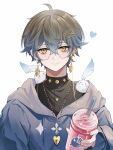  1boy absurdres anqing black_sweater drink drinking_straw earrings glasses grey_hair grey_hoodie heart highres holding holding_drink hood hoodie ike_eveland incoming_drink jewelry looking_at_viewer necklace nijisanji nijisanji_en short_hair smile solo sweater upper_body white_background yellow_eyes 