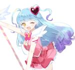  1girl blue_hair blush bow bowtie dress gradient_hair lobotomy_corporation long_hair love_mintchoco magical_girl multicolored_hair one_eye_closed open_mouth pink_bow pink_bowtie pink_dress project_moon purple_hair queen_of_hatred simple_background smile solo two_side_up very_long_hair wand white_background yellow_eyes 