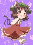  1girl animal_ears arms_behind_back blush brown_hair cat_ears cat_tail chen closed_mouth dress earrings full_body green_headwear hat highres jewelry long_sleeves mob_cap multiple_tails purple_background red_dress red_eyes rokugou_daisuke short_hair signature single_earring smile socks solo tail tongue tongue_out touhou two_tails white_socks 