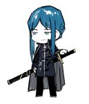  1other black_coat black_pants black_shirt blue_eyes blue_hair chibi coat colored_skin highres holding holding_sword holding_weapon library_of_ruina looking_to_the_side maxwell_yaochu medium_hair pale_skin pants project_moon sheath shirt sidelocks simple_background sketch smile sword the_bookhunter weapon white_background white_footwear white_skin zipper 