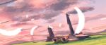  ace_combat ace_combat_zero aircraft airplane bird blue_sky clouds cloudy_sky damaged day f-15_eagle feathers fighter_jet grass grasslands highres jet line4x military military_vehicle no_humans power_lines scenery sky transmission_tower 