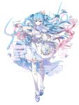  1girl absurdres anqing aqua_eyes blue_footwear blue_hair crown dress floating_hair full_body gradient_hair highres holding holding_bow_(music) holding_instrument instrument long_hair looking_at_viewer mini_crown multicolored_hair music original pink_hair playing_instrument sample_watermark sleeveless sleeveless_dress smile solo thigh-highs two_side_up very_long_hair violin watermark white_background white_dress white_thighhighs wrist_cuffs 