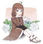  1girl ahoge black_skirt blue_eyes blush brown_coat brown_footwear brown_hair closed_mouth coat flower frilled_sleeves frills hod_(project_moon) library_of_ruina long_sleeves love_mintchoco medium_hair pantyhose project_moon shoes sidelocks sitting skirt smile solo white_flower white_pantyhose 