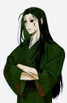  1boy alternate_costume black_eyes black_hair blood blood_on_clothes blood_on_face crossed_arms expressionless green_kimono highres hunter_x_hunter illumi_zoldyck japanese_clothes kimono long_hair long_sleeves male_focus oi2rumi simple_background solo upper_body white_background 