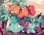  bulbasaur claws closed_eyes closed_mouth clouds colored_skin evolutionary_line fangs half-closed_eyes ivysaur kohakumaru leaf limited_palette nostrils one_eye_closed open_mouth pink_skin plant pokemon pokemon_(creature) red_eyes sitting tree venusaur vines 