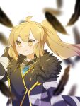  :3 ahoge black_coat black_feathers black_vest blonde_hair blue_necktie blurry blurry_foreground closed_mouth coat commentary_request e.g.o_(project_moon) employee_(lobotomy_corporation) feathers fur-trimmed_coat fur_trim harvest_fes highres lobotomy_corporation long_hair long_sleeves necktie open_clothes open_coat ponytail project_moon shirt v-shaped_eyebrows vest white_shirt yellow_eyes 