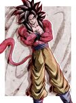  1boy absurdres biceps blue_sash blue_wristband body_fur closed_mouth crossed_arms dragon_ball dragon_ball_gt full_body highres looking_at_viewer male_focus monkey_boy monkey_tail muscular muscular_male pants pectorals red_fur saiyan sash simple_background smirk solo spiky_hair standing super_saiyan super_saiyan_4 tail ushi_(akabec0) wristband 