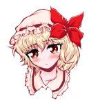 1girl blonde_hair blush closed_mouth collarbone cropped_head flandre_scarlet frilled_shirt_collar frills hat hat_ribbon head_tilt looking_at_viewer medium_hair mob_cap red_eyes red_ribbon ribbon ribbon-trimmed_headwear ribbon_trim ryuuichi_(enmanga) simple_background solo touhou white_background white_headwear 