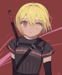  1girl alternate_eye_color black_gloves black_shirt blonde_hair chest_harness closed_mouth don_quixote_(limbus_company) elbow_gloves empty_eyes expressionless gloves harness heterochromia highres katana limbus_company looking_at_viewer love_mintchoco project_moon red_background red_eyes shirt short_hair short_sleeves simple_background solo sword upper_body weapon yellow_eyes 