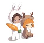  1boy 1girl animal_costume antlers bow bowtie brown_hair carrot closed_mouth green_eyes heathcliff_(limbus_company) highres ishmael_(limbus_company) limbus_company looking_to_the_side love_mintchoco orange_hair parted_bangs project_moon rabbit_costume reindeer_costume scar scar_on_face simple_background sitting violet_eyes white_background white_bow white_bowtie 