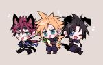  3boys animal animal_ears armor belt bird_tail black_cat black_footwear black_fur black_gloves black_hair black_pants black_suit blonde_hair blue_eyes bone boots brown_footwear brown_gloves carrying cat cat_boy cat_ears cat_tail chibi cloud_strife collared_shirt dog_ears dog_tail earrings eyewear_on_head facial_mark feathered_wings feathers final_fantasy final_fantasy_vii fingerless_gloves fish food gloves goggles goggles_on_head green_eyes heart holding holding_animal holding_fish holding_food holding_vegetable jewelry leather_belt long_hair male_focus messy_hair multiple_boys musical_note open_mouth pants pauldrons paw_shoes ponytail redhead reno_(ff7) shirt shoes short_hair shoulder_armor single_pauldron sleeveless sleeveless_turtleneck smile sparkle spiky_hair stud_earrings suit tail tongue tongue_out ttnoooo turtleneck vegetable walking white_shirt wings yellow_feathers zack_fair 