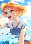  1girl absurdres artist_name birthday blue_shirt blue_sky blush breasts brown_skirt clouds cloudy_sky collarbone commentary english_commentary hand_on_headwear hat highres looking_to_the_side medium_breasts nami_(one_piece) one_piece open_mouth orange_eyes orange_hair outdoors shirt short_hair short_sleeves shoulder_tattoo skirt sky smile solo straw_hat tattoo teeth twitter_username two-tone_shirt upper_teeth_only v-neck water watermark white_shirt yellow_headwear yunre_(yunreart) 