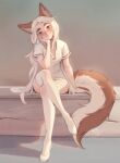  1girl animal_ear_fluff animal_ears artist_name bare_arms blue_eyes blush commentary crossed_legs elbow_rest english_commentary fox_ears fox_girl fox_tail freckles full_body head_tilt heterochromia highres long_hair looking_at_viewer losse_(personal_ami) orange_eyes original personal_ami shoes short_sleeves sitting smile solo tail thick_eyebrows thigh-highs very_long_hair white_footwear white_hair white_thighhighs 