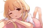  1girl ahoge barefoot blonde_hair blurry brown_eyes cheek_press close-up depth_of_field dot_nose futaba_anzu head_tilt idolmaster idolmaster_cinderella_girls long_hair looking_at_viewer low_twintails lying mmmakaron888 on_stomach one_eye_closed open_mouth pillow shirt short_sleeves solo t-shirt tareme twintails white_shirt 