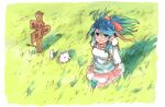  1girl armor blue_hair border breastplate closed_mouth dog dot_nose gauntlets grass green_eyes hair_ribbon lala_(sputnik) outdoors pink_ribbon ragnarok_online ribbon sign smile solo spica_parfait standing star_(symbol) white_border white_dog 