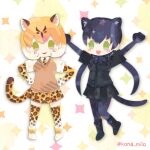  2girls animal_ears animal_print black_hair black_leopard_(kemono_friends) blonde_hair boots bow bowtie elbow_gloves extra_ears gloves green_eyes kemono_friends kikuchi_milo kneehighs leopard_(kemono_friends) leopard_ears leopard_girl leopard_print leopard_tail long_hair looking_at_viewer multiple_girls necktie shirt short_hair simple_background skirt socks tail twintails 
