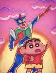  arm_up bodysuit bright_pupils clenched_hand clouds crayon_shin-chan faux_traditional_media fuko-maybe helmet highres male_child no_nose nohara_hiroshi nohara_shinnosuke open_mouth pink_sky red_shirt sentai shirt shorts sky socks sunset thick_eyebrows white_pupils white_socks yellow_shorts 
