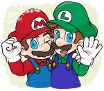  2boys blue_eyes blue_overalls brothers facial_hair gloves green_headwear hat looking_at_viewer luigi mario multiple_boys mustache open_mouth overalls red_headwear siblings smile super_mario_bros. white_gloves 