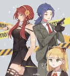  1boy 2girls anya_(spy_x_family) anya_(spy_x_family)_(cosplay) black_dress black_gloves black_vest blonde_hair blue_hair bun_cover chesed_(project_moon) cigarette cosplay dress flower gebura_(project_moon) gloves green_eyes grey_jacket grey_pants hair_flower hair_ornament hairband jacket library_of_ruina long_hair love_mintchoco low_ponytail multiple_girls necktie open_mouth pants parted_lips project_moon red_necktie redhead scar sidelocks smile spy_x_family tiphereth_a_(project_moon) twilight_(spy_x_family) twilight_(spy_x_family)_(cosplay) vest yellow_flower yellow_hairband yor_briar yor_briar_(cosplay) 