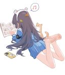  1girl absurdres animal barefoot black_hair blue_archive blue_dress bob_(pixiv49522586) cellphone character_request dress highres long_hair lying on_stomach phone pleated_skirt reading sailor_dress skirt smartphone soles toes white_background 
