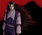  1boy black_background black_eyes black_hair collarbone cowboy_shot expressionless highres hunter_x_hunter illumi_zoldyck long_hair long_sleeves looking_at_viewer male_focus puffy_sleeves r2_mth red_background solo two-tone_background 