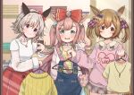  3girls :3 @_@ agnes_digital_(umamusume) animal_ears blue_eyes blurry blurry_background bow brown_eyes brown_hair casual closed_mouth collarbone commentary_request curren_chan_(umamusume) grey_hair hair_bow hair_ornament hair_ribbon highres horse_ears horse_girl long_hair looking_at_mirror medium_hair mirror multiple_girls open_mouth pink_hair rakugakiraid ribbon smart_falcon_(umamusume) twitter_username umamusume violet_eyes 