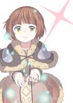  1girl :o brown_coat brown_eyes brown_hair character_request coat fur_coat glowing long_sleeves looking_at_viewer mizuki_riko open_mouth short_hair solo white_background xenoblade_chronicles_(series) xenoblade_chronicles_2 xenoblade_chronicles_2:_torna_-_the_golden_country 