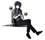  1boy black_footwear black_hair black_necktie black_pants chinese_commentary closed_mouth coat coat_on_shoulders collared_shirt commentary_request drink e.g.o_(project_moon) employee_(lobotomy_corporation) green_eyes grey_coat grey_vest lobotomy_corporation male_focus necktie pale_skin pants project_moon sanpaku shirt short_hair simple_background sitting sleeves_rolled_up smoke_(killscreen_s) solo vest white_background white_shirt 