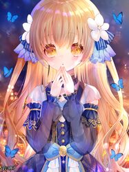  1girl aoi_sana blue_bow blue_butterfly blush bow brown_eyes brown_hair bug butterfly copyright_name dairoku_ryouhei dress dress_bow flower hair_flower hair_ornament hands_up long_hair long_sleeves looking_at_viewer own_hands_together see-through see-through_sleeves solo standing upper_body very_long_hair 