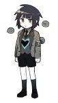  1boy adapted_costume black_footwear black_hair black_necktie black_shorts black_socks blush_stickers closed_mouth collared_shirt colored_skin commentary_request employee_(lobotomy_corporation) full_body green_eyes grey_jacket grey_vest heart jacket lobotomy_corporation long_sleeves male_focus necktie open_clothes open_jacket project_moon shirt short_hair shorts simple_background smoke_(killscreen_s) socks solo standing translation_request vest white_background white_shirt white_skin 