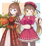  2girls ahoge apple bell blue_eyes blush bow bowtie brooch brown_eyes brown_hair crown dress e.g.o_(project_moon) food frilled_headwear frilled_sleeves frills fruit hair_bell hair_ornament hairclip hat heart highres hod_(project_moon) holding holding_food holding_fruit holding_heart jewelry jingle_bell juliet_sleeves library_of_ruina long_hair long_sleeves love_mintchoco low_twintails malkuth_(project_moon) medium_hair mob_cap multiple_girls one_eye_closed open_mouth pink_bow pink_bowtie pink_dress pink_headwear plant project_moon puffy_sleeves red_bow red_bowtie red_dress twintails very_long_hair vines 