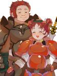  1boy 1girl armor brom_(fire_emblem) brown_hair closed_eyes double_bun father_and_daughter fire_emblem fire_emblem:_radiant_dawn hair_bun highres image_sample mariirasuto7 meg_(fire_emblem) open_mouth parted_bangs smile twitter_sample 