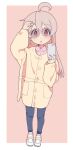  1girl :o ahoge blue_pants brown_eyes cellphone coat collared_shirt commentary_request full_body genderswap genderswap_(mtf) grey-framed_eyewear grey_hair hand_in_own_hair holding holding_phone kayabakoro loafers long_hair long_sleeves looking_at_viewer no_socks onii-chan_wa_oshimai! open_mouth outside_border oyama_mahiro pants phone pink_background pink_shirt shirt shoes smartphone solo standing sunglasses white_coat white_footwear 