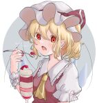  1girl ascot blonde_hair breasts chakoto_96 collared_shirt eating fang fingernails flandre_scarlet food frilled_shirt_collar frilled_sleeves frills fruit grey_background hair_between_eyes hat hat_ribbon highres holding holding_spoon ice_cream medium_hair mob_cap nail_polish open_mouth puffy_short_sleeves puffy_sleeves red_eyes red_nails red_ribbon red_vest ribbon sharp_fingernails shirt short_sleeves simple_background small_breasts solo spoon strawberry touhou upper_body vest white_headwear white_shirt wrist_cuffs yellow_ascot 