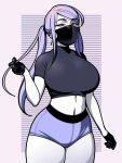  1girl @_@ black_gloves breasts crop_top cross cross_earrings earrings gloves jam-orbital jewelry large_breasts light_purple_hair looking_at_viewer mask midriff mouth_mask original short_shorts short_sleeves shorts solo standing thick_thighs thighs twintails violet_eyes 