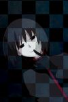  1girl androgynous black_background black_eyes black_gloves black_hair black_jacket bob_cut checkered_background closed_mouth commentary dutch_angle empty_eyes finger_to_mouth gakuran gloves grey_background hair_over_eyes jacket kikumaru_bunta light_smile looking_at_viewer monogatari_(series) naoetsu_high_school_uniform narrowed_eyes oshino_ougi outline pale_skin red_outline school_uniform short_hair shushing smile solo upper_body 