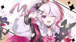  1girl ;d absurdres anqing black_bow bow hair_bow hair_ornament hand_over_eye hand_up highres jacket long_sleeves looking_at_viewer maria_marionette medium_hair multicolored_hair nijisanji nijisanji_en one_eye_closed pink_hair ponytail puffy_long_sleeves puffy_sleeves purple_hair smile solo streaked_hair stuffed_animal stuffed_rabbit stuffed_toy teeth upper_body upper_teeth_only violet_eyes virtual_youtuber w white_jacket x_hair_ornament 