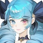  1girl black_bow blue_eyes bow closed_mouth drill_hair green_hair gwen_(league_of_legends) hair_bow heterochromia highres league_of_legends long_hair portrait red_eyes saikayo smile solo twin_drills twintails 