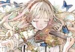  1girl blonde_hair blue_butterfly bug butterfly closed_eyes collar daisy dated eyelashes flower frilled_collar frills highres holding holding_bow_(music) holding_instrument instrument leaf light_smile long_hair music original playing_instrument portrait shirt signature toaruocha violin white_shirt 