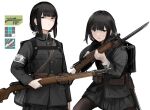  1girl ammunition_pouch arisaka armband backpack bag bayonet belt_pouch black_bag black_eyes black_hair black_jacket black_skirt blunt_bangs bolt_action breast_pocket buttons check_weapon closed_mouth cowboy_shot expressionless fighting_stance gameplay_mechanics girls_frontline griffin_&amp;_kryuger gun highres holding holding_gun holding_weapon jacket long_hair long_sleeves looking_at_viewer low_ponytail miniskirt multiple_views original pleated_skirt pocket pouch rampart1028 rifle sheath sidelocks simple_background skirt sling torn_clothes type_38_rifle uniform unsheathed weapon white_background wing_collar 