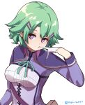  1girl bob_cut breasts double-parted_bangs eiyuu_densetsu glove_in_mouth gloves hair_between_eyes hair_ornament hairclip highres medium_breasts mouth_hold musse_egret naisu_(nai_su01) sen_no_kiseki sen_no_kiseki_iv simple_background solo twitter_username violet_eyes white_background white_gloves 