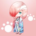  1boy absurdres baihua_er bandaged_arm bandaged_head bandages blue_kimono chibi earrings expressionless full_body green_eyes hair_over_one_eye highres ichimoku_ren_(onmyoji) japanese_clothes jewelry kimono long_hair low-tied_long_hair neck_tattoo okobo onmyoji pink_background pink_hair pointy_ears solo tattoo 