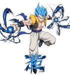  1boy abs absurdres artist_name baggy_pants bakarott biceps black_footwear black_vest blue_eyes blue_hair blue_sash boots closed_mouth collarbone commentary dragon_ball dragon_ball_super dragon_ball_super_broly energy english_commentary fingernails full_body gogeta highres leg_up looking_at_viewer male_focus metamoran_vest muscular muscular_male open_clothes open_vest outstretched_arms pants pectorals sash simple_background smile smirk solo spiky_hair spread_arms super_saiyan super_saiyan_blue v-shaped_eyebrows vest white_background white_pants 