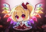  1girl absurdres blonde_hair blush bow chibi dress flandre_scarlet hair_bow highres long_hair looking_at_viewer misosiru_0224 open_mouth red_dress red_eyes reflective_floor short_sleeves side_ponytail sitting solo touhou wings 