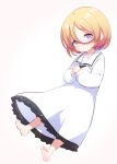  1girl barefoot borrowed_character done_(donezumi) dress female_child full_body gradient_background hair_between_eyes highres interlocked_fingers long_sleeves looking_at_viewer orange_hair original pink_background short_hair solo toes violet_eyes white_dress 