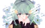  1girl blush covering_mouth fire_emblem fire_emblem:_three_houses flayn_(fire_emblem) flower garreg_mach_monastery_uniform green_eyes green_hair hair_ornament hairclip ikasashi343 looking_at_viewer solo sparkle swept_bangs upper_body 