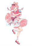 1girl :d absurdres animal_ears back_bow blue_eyes bow dress food fruit full_body hair_bow hidari_(nanmu-left) highres holding holding_food leg_up mary_janes medium_hair original oversized_food oversized_object pink_dress pink_footwear pink_hair puffy_short_sleeves puffy_sleeves red_bow shoes short_sleeves smile socks solo standing standing_on_one_leg strawberry tail twin_braids twintails watermark white_background white_socks