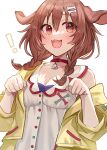  ! 1girl :3 absurdres animal_collar animal_ears bare_shoulders bone_hair_ornament braid brown_eyes brown_hair collar dog_ears dog_girl fangs hair_between_eyes hair_ornament hairclip highres hololive inugami_korone inugami_korone_(1st_costume) jacket open_mouth rum_raisin_(chihiromakita19) sidelocks solo twin_braids white_background yellow_jacket 