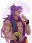  1boy abs alternate_costume bare_pectorals basket bead_necklace beads bhima_(fate) dark-skinned_male dark_skin earrings eating facial_mark fate/grand_order fate_(series) forehead_mark fruit_basket highres holding holding_basket indian_clothes jewelry long_hair male_focus muscular muscular_male necklace pectorals purple_hair sash solo topless_male upper_body very_long_hair violet_eyes washblackmud wristband 