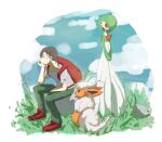  1boy 1girl backpack bag black_eyes black_sclera blue_sky bob_cut border brown_eyes brown_hair clouds collarbone colored_sclera colored_skin commentary_request day flareon flat_chest from_behind from_side full_body gardevoir grass green_hair green_pants green_skin hair_over_one_eye hand_on_own_chin hand_up head_rest highres looking_at_another looking_to_the_side multicolored_skin neck_fur one_eye_covered original outdoors own_hands_together pants partial_commentary pochi_(01_01pochi) poke_ball poke_ball_(basic) pokemon pokemon_(creature) profile red_eyes red_footwear rock shoes short_hair sitting sketch sky standing two-tone_skin v_arms white_border white_hair white_skin 